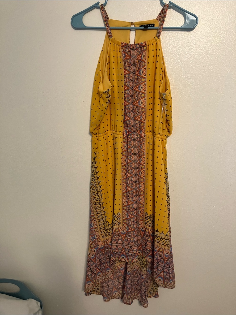 As U Wish Mustard Yellow Halter Maxi with Geometric Trim
